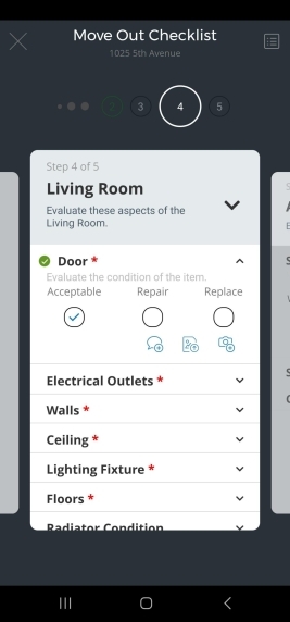 A screen from the InCheck Mobile App showing a sample Move Out Inspection, featuring conditional questions for spaces in the Living Room. A drop down menu shows conditional choices for the condition of the Door, including Acceptable, Repair, and Replace, with Acceptable filled in. Additional drop down menus include Electrical Outlets, Walls, Ceiling, Lighting Fixtures, and Floors.