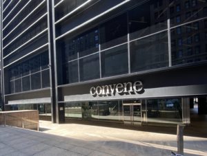 Entrance of the Convene space at One Liberty Plaza - doors with Convene sign overhead
