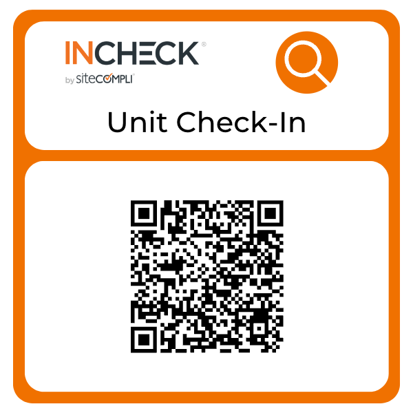Small square label featuring scannable QR code with title description "Unit Check In"