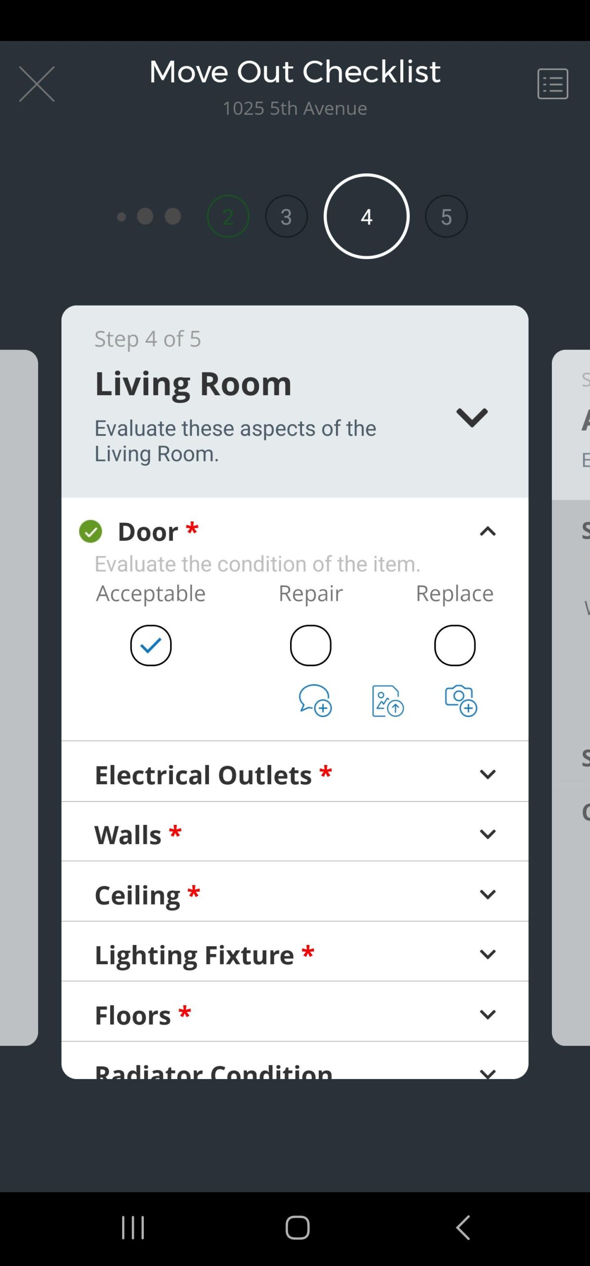 An InCheck application screen with a Field Group card example for a Living Room, showing options like Doors, Electrical Outlets, and more in an accordion format. Each option also has radio buttons for users to select a condition like Acceptable, Repair, or Replace. There are also icons for users to add notes or upload photos to each option. 