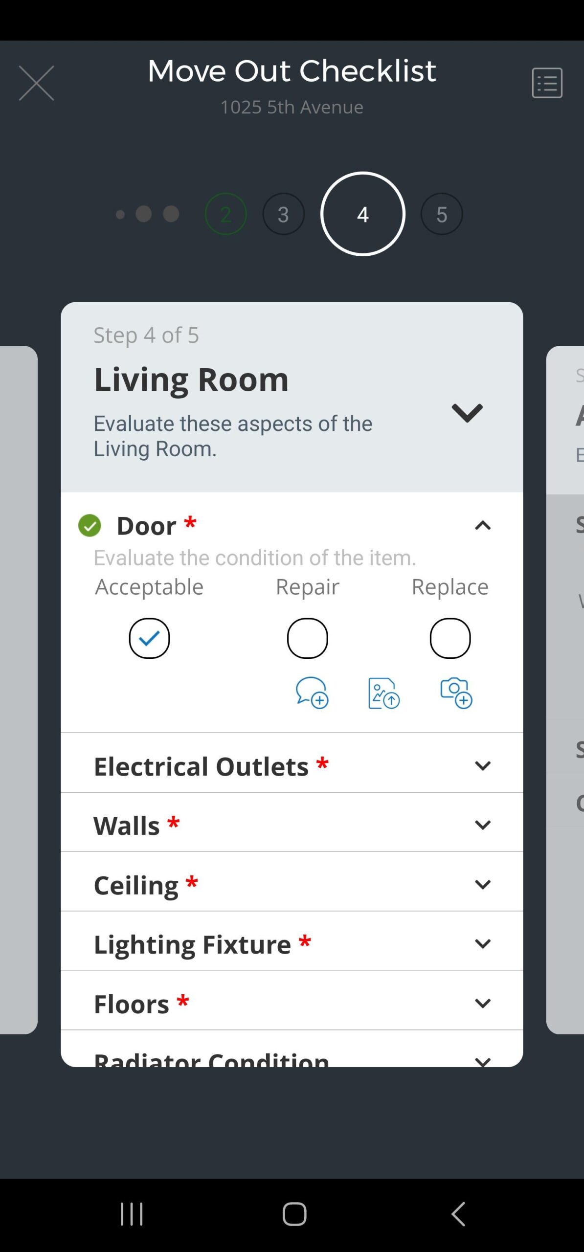 A screen from the InCheck Mobile App showing a sample Move Out Inspection, featuring conditional questions for spaces in the Living Room. A drop down menu shows conditional choices for the condition of the Door, including Acceptable, Repair, and Replace, with Acceptable filled in. Additional drop down menus include Electrical Outlets, Walls, Ceiling, Lighting Fixtures, and Floors. 