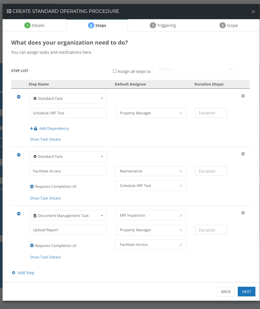 The InCheck Workflow creation module shows three sample steps, called Tasks, that can be automatically assigned as part of a team's Local Law 31 process. Each Task has a name, and assignee, and specific details. Some tasks require specific work to be completed, like a Document Upload task.