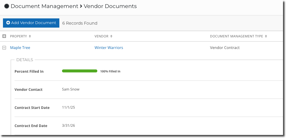 A sample Vendor Contract in InCheck lists details for this specific vendor, including contact information, start date, and end date. 